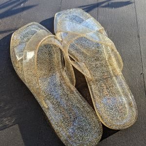 Anthropologie MATISSE JELLY SLIDE SANDALS, Clear & Glitter Gold, Size 8, NEW